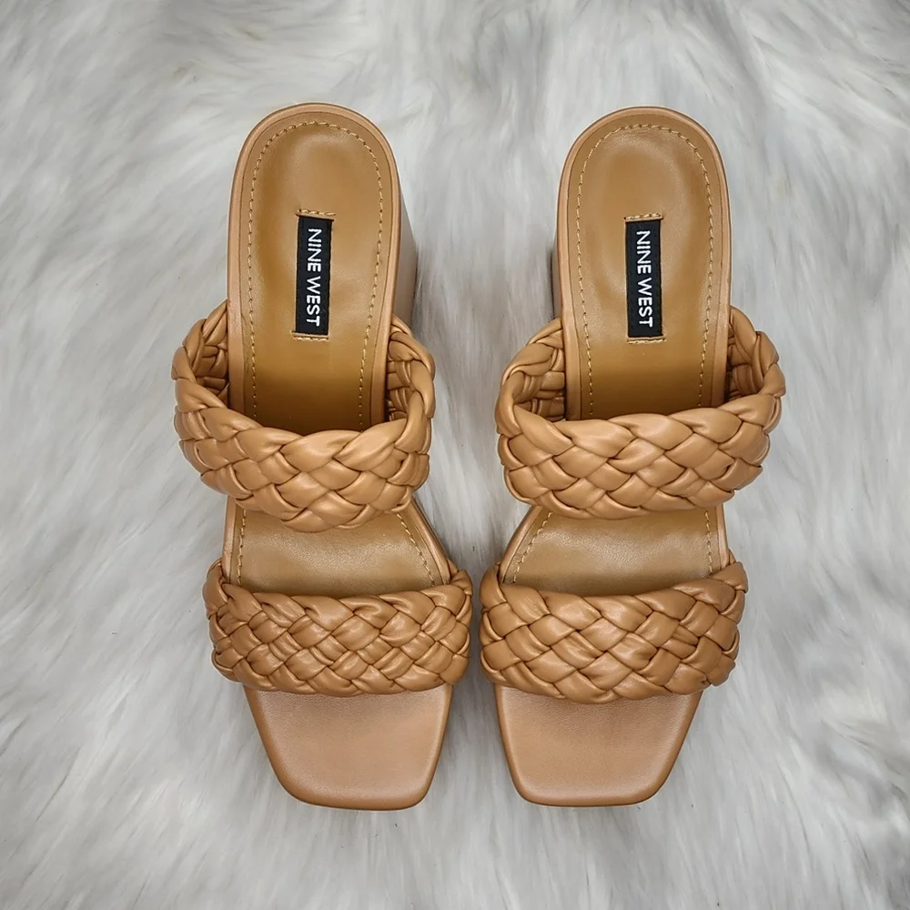 Nine West Nessie 3 Platform Wedge Heels Light Cognac